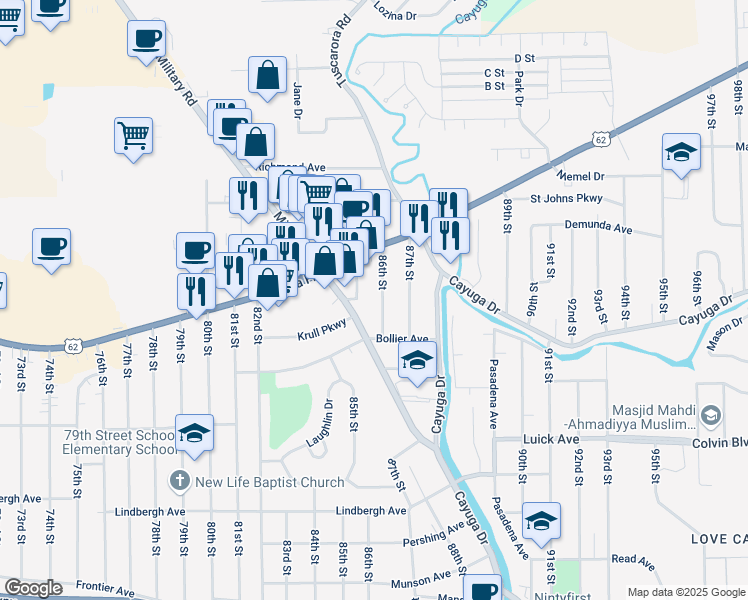 map of restaurants, bars, coffee shops, grocery stores, and more near 1231 Military Road in Niagara Falls
