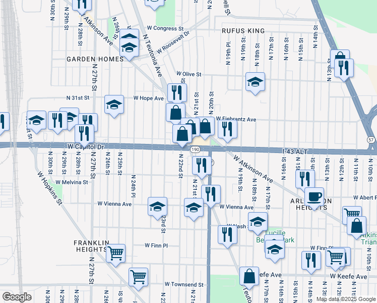 map of restaurants, bars, coffee shops, grocery stores, and more near 3975 North Teutonia Avenue in Milwaukee