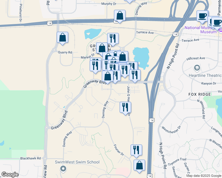 map of restaurants, bars, coffee shops, grocery stores, and more near 1396 Deming Way in Middleton