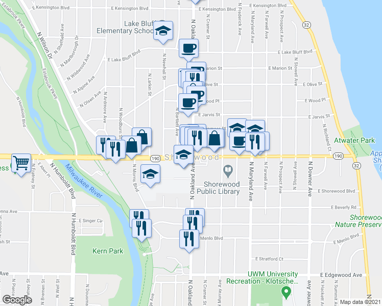 map of restaurants, bars, coffee shops, grocery stores, and more near 4007 North Oakland Avenue in Shorewood