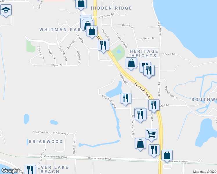 map of restaurants, bars, coffee shops, grocery stores, and more near 1001 Regent Road in Oconomowoc