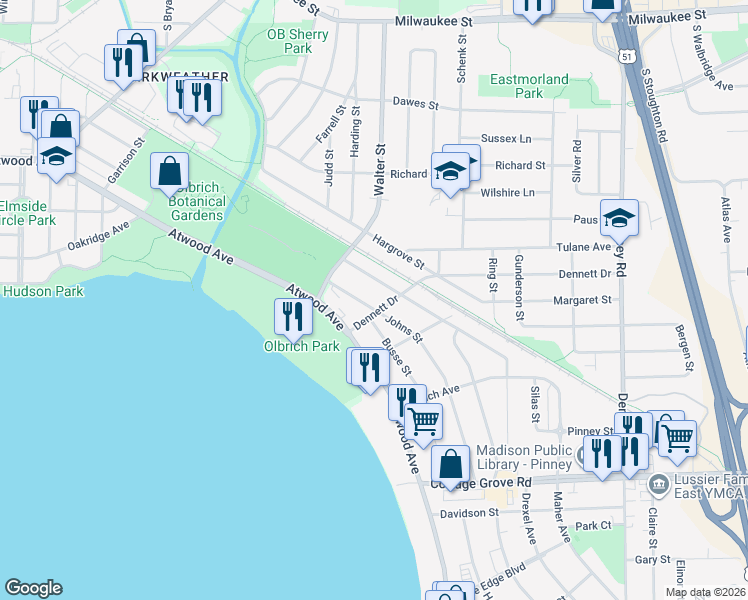 map of restaurants, bars, coffee shops, grocery stores, and more near 3554 Johns Street in Madison