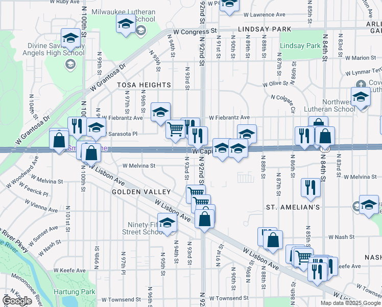 map of restaurants, bars, coffee shops, grocery stores, and more near 3954 North 93rd Street in Milwaukee