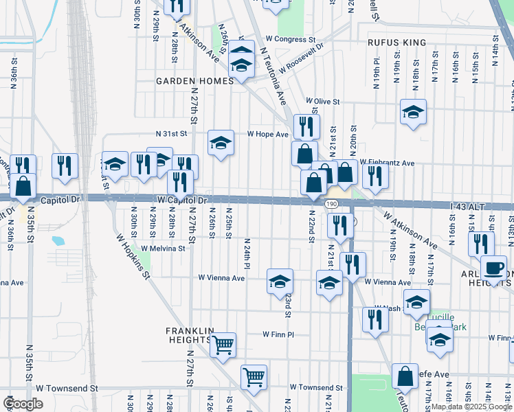 map of restaurants, bars, coffee shops, grocery stores, and more near 3934 North 24th Place in Milwaukee