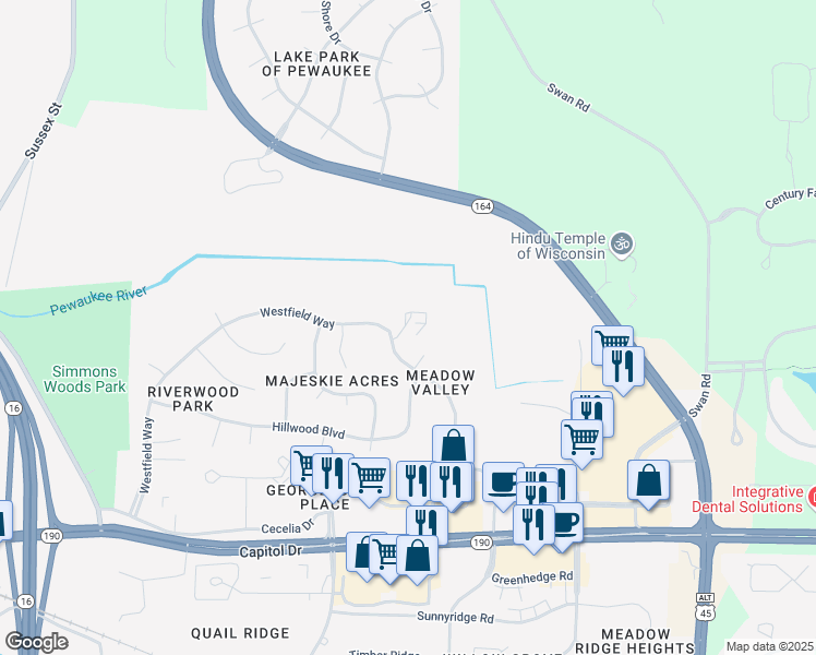 map of restaurants, bars, coffee shops, grocery stores, and more near 509 Westfield Way in Pewaukee