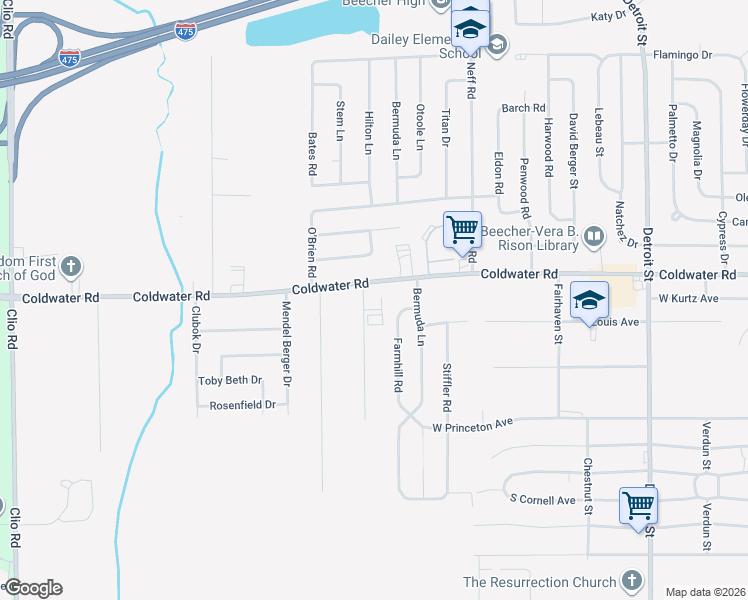 map of restaurants, bars, coffee shops, grocery stores, and more near 2115 Coldwater Road in Flint