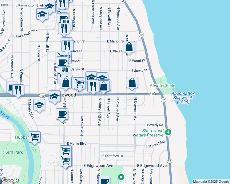 map of restaurants, bars, coffee shops, grocery stores, and more near 4001 North Prospect Avenue in Milwaukee