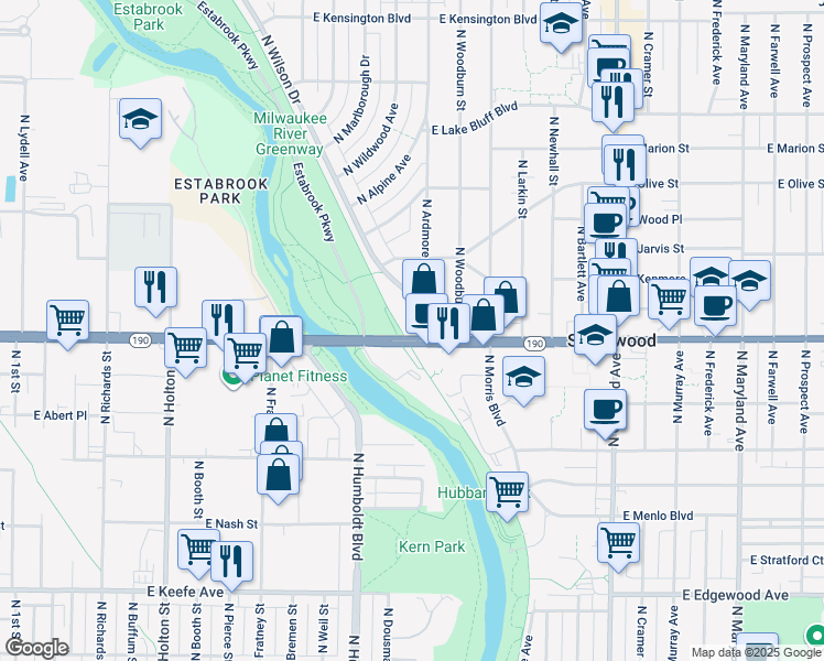 map of restaurants, bars, coffee shops, grocery stores, and more near 1305 East Capitol Drive in Shorewood