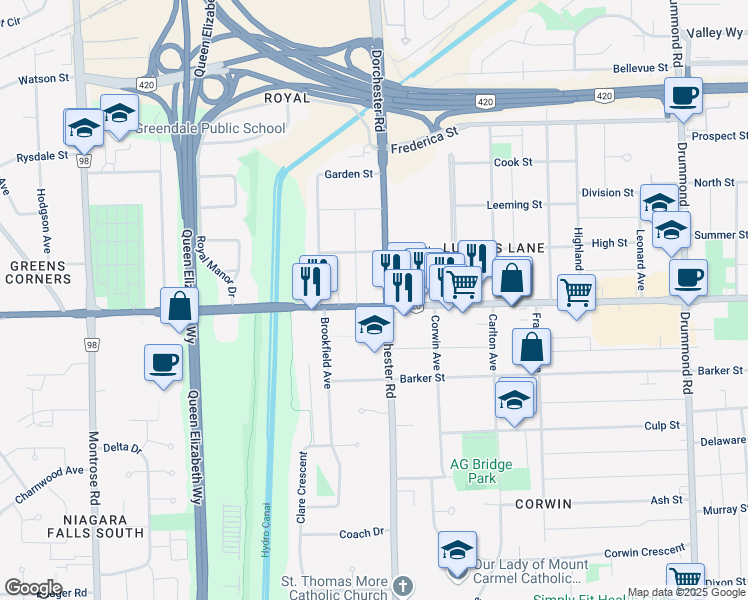 map of restaurants, bars, coffee shops, grocery stores, and more near 6933 Lundy's Lane in Niagara Falls