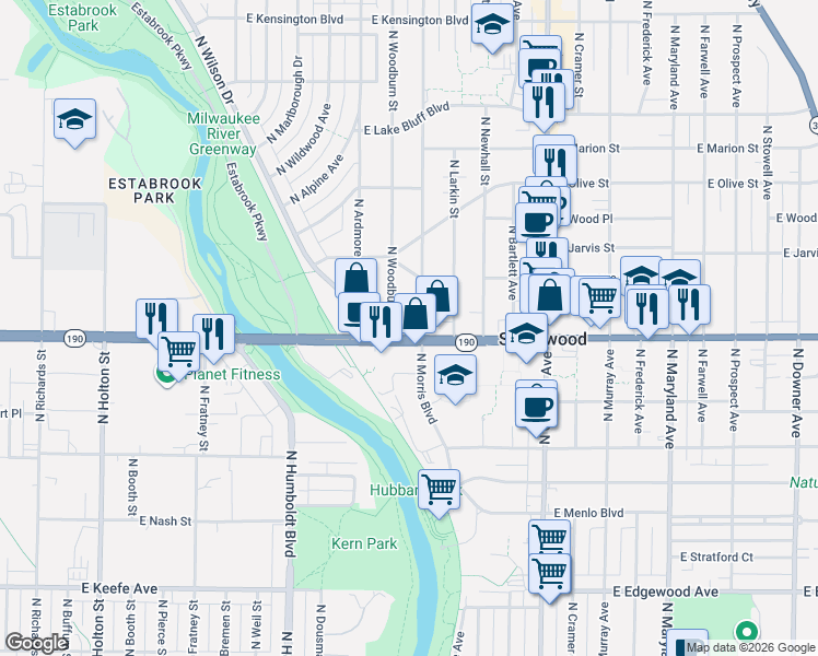 map of restaurants, bars, coffee shops, grocery stores, and more near 1420 East Capitol Drive in Shorewood