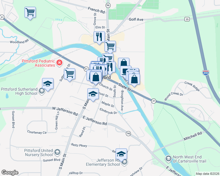 map of restaurants, bars, coffee shops, grocery stores, and more near 32 Church Street in Pittsford
