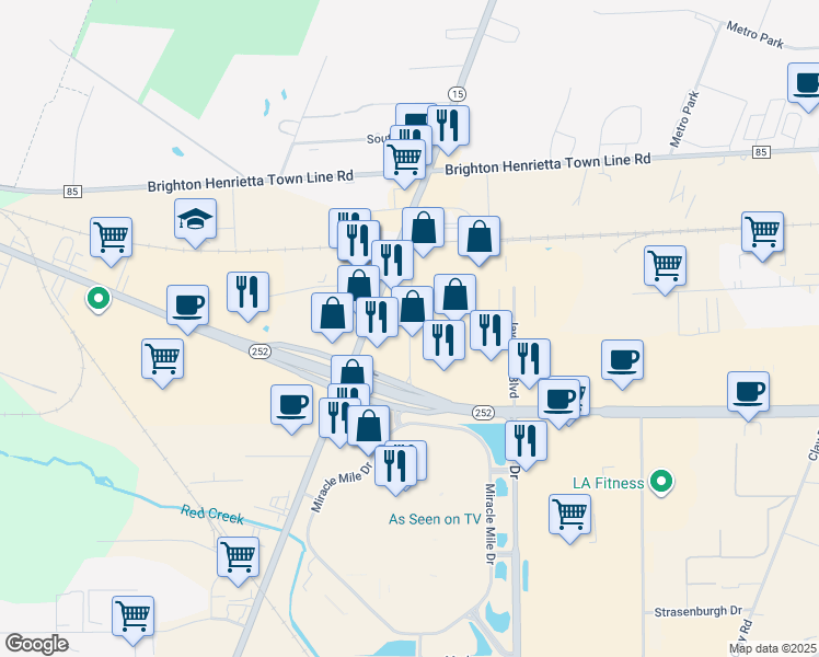map of restaurants, bars, coffee shops, grocery stores, and more near 3150 West Henrietta Road in Rochester