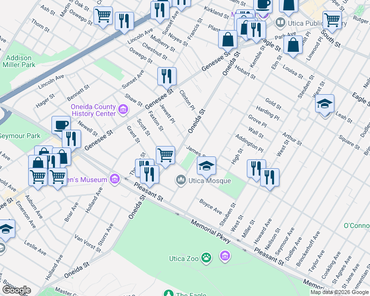 map of restaurants, bars, coffee shops, grocery stores, and more near 1623 Oneida Street in Utica