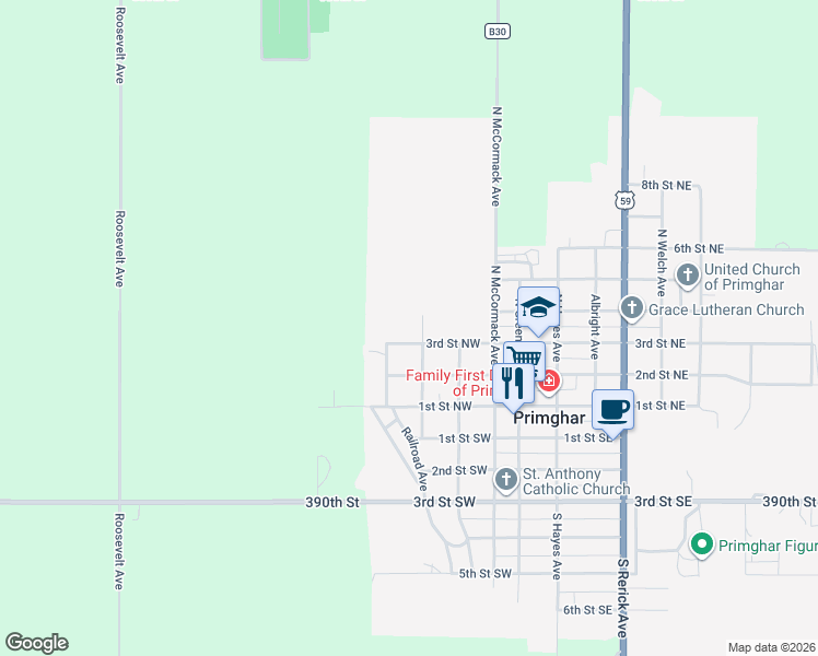 map of restaurants, bars, coffee shops, grocery stores, and more near 440 3rd Street Northwest in Primghar