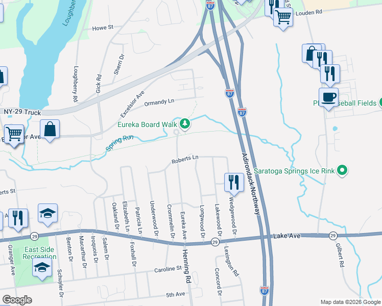 map of restaurants, bars, coffee shops, grocery stores, and more near 14 Roberts Lane in Saratoga Springs