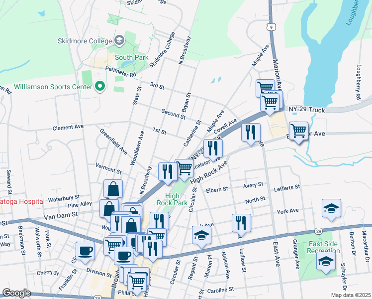 map of restaurants, bars, coffee shops, grocery stores, and more near 185 Maple Avenue in Saratoga Springs