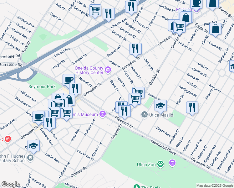 map of restaurants, bars, coffee shops, grocery stores, and more near 22 Grant Street in Utica