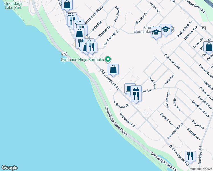 map of restaurants, bars, coffee shops, grocery stores, and more near 603 Old Liverpool Road in Liverpool