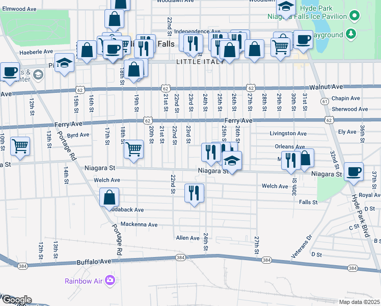 map of restaurants, bars, coffee shops, grocery stores, and more near 414 23rd Street in Niagara Falls