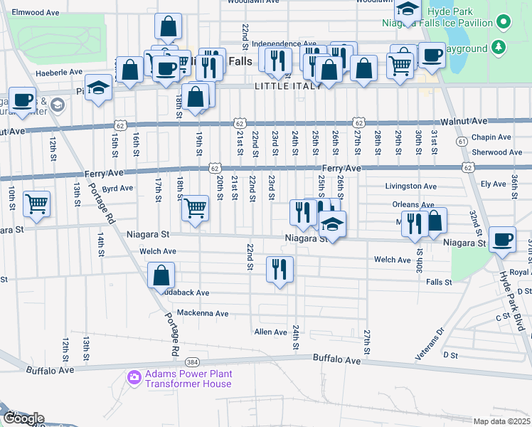 map of restaurants, bars, coffee shops, grocery stores, and more near 414 23rd Street in Niagara Falls