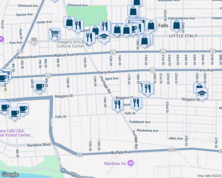 map of restaurants, bars, coffee shops, grocery stores, and more near 415 Portage Road in Niagara Falls
