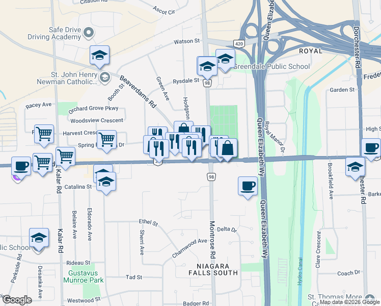 map of restaurants, bars, coffee shops, grocery stores, and more near 7720 Regional Road 20 in Niagara Falls
