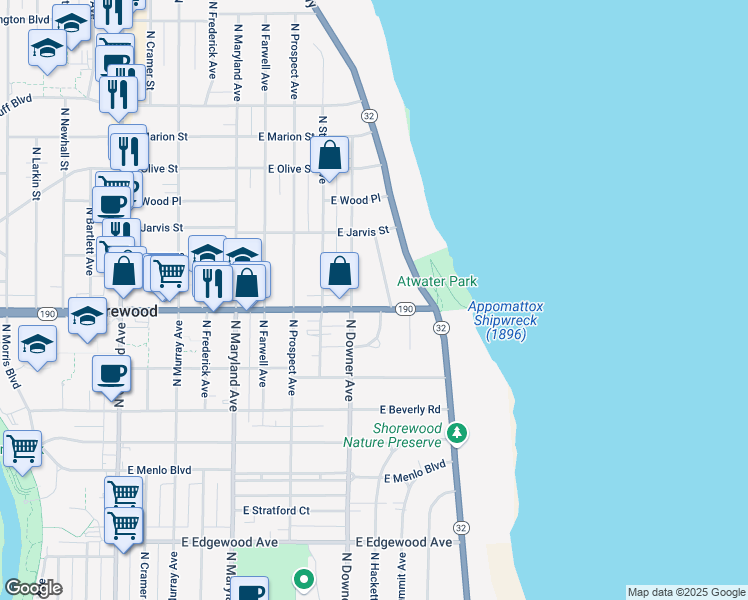 map of restaurants, bars, coffee shops, grocery stores, and more near 2635 East Capitol Drive in Shorewood
