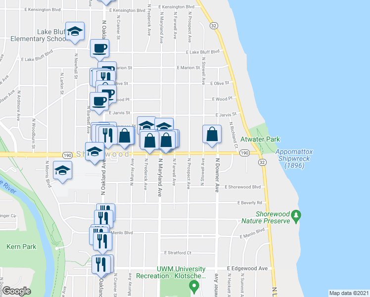 map of restaurants, bars, coffee shops, grocery stores, and more near 2325 East Capitol Drive in Shorewood