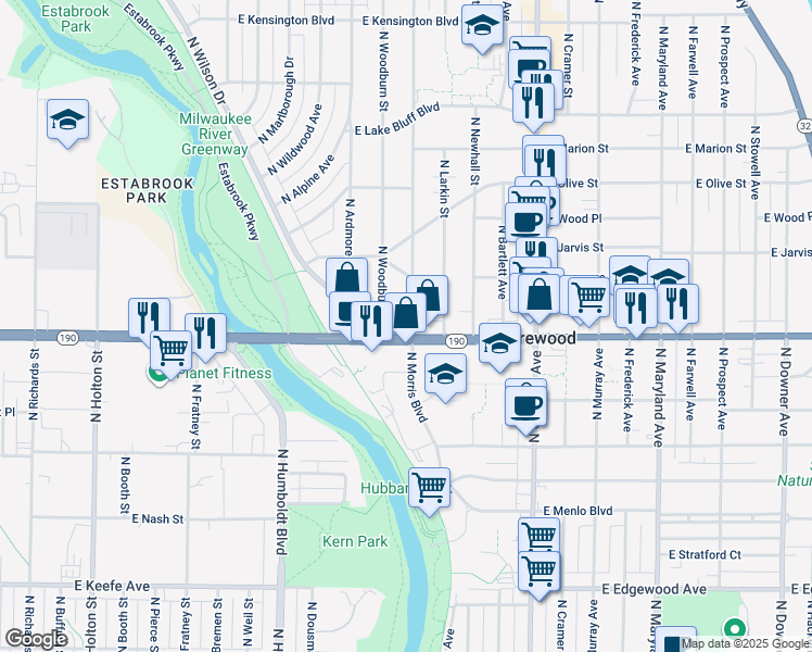 map of restaurants, bars, coffee shops, grocery stores, and more near 1433 Wisconsin 190 in Shorewood