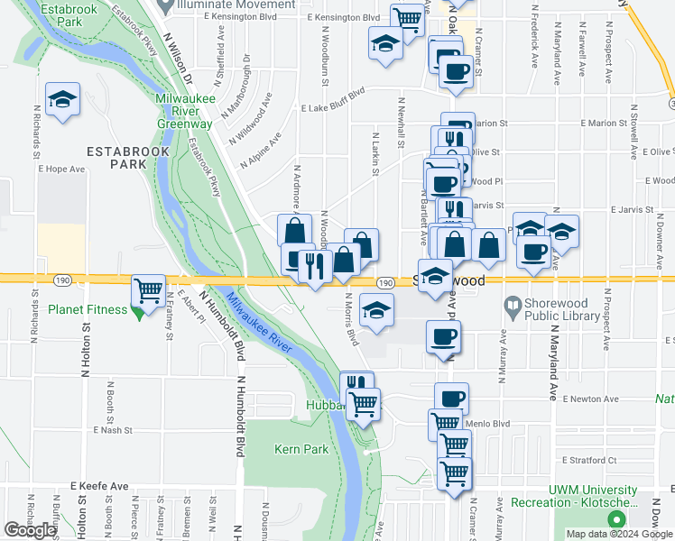 map of restaurants, bars, coffee shops, grocery stores, and more near 1433 Wisconsin 190 in Shorewood