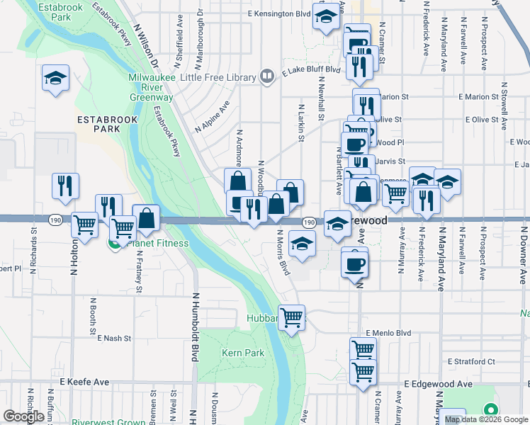 map of restaurants, bars, coffee shops, grocery stores, and more near 1325 Wisconsin 190 in Shorewood