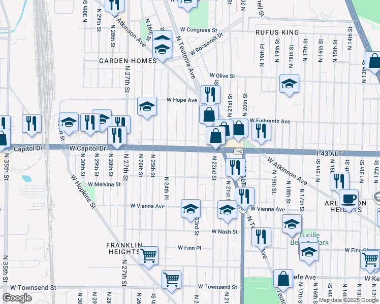 map of restaurants, bars, coffee shops, grocery stores, and more near 3949 North 24th Street in Milwaukee