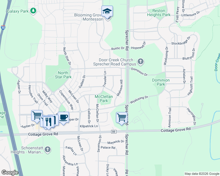 map of restaurants, bars, coffee shops, grocery stores, and more near 6311 Vicksburg Court in Madison