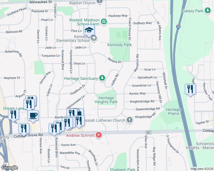 map of restaurants, bars, coffee shops, grocery stores, and more near 618 Valley Road in Madison