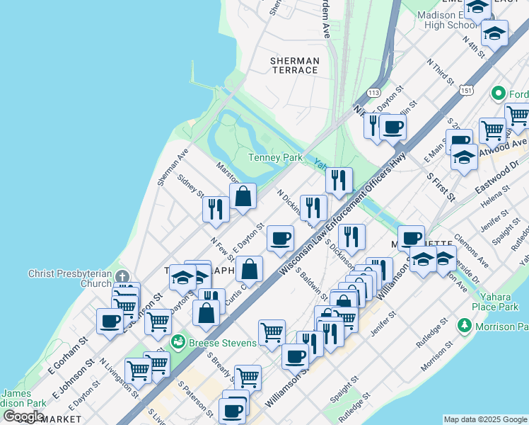 map of restaurants, bars, coffee shops, grocery stores, and more near 1250 East Dayton Street in Madison