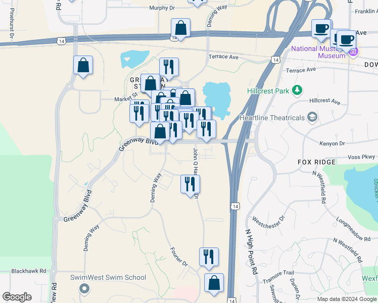map of restaurants, bars, coffee shops, grocery stores, and more near 1428-1498 John Q Hammons Dr in Madison