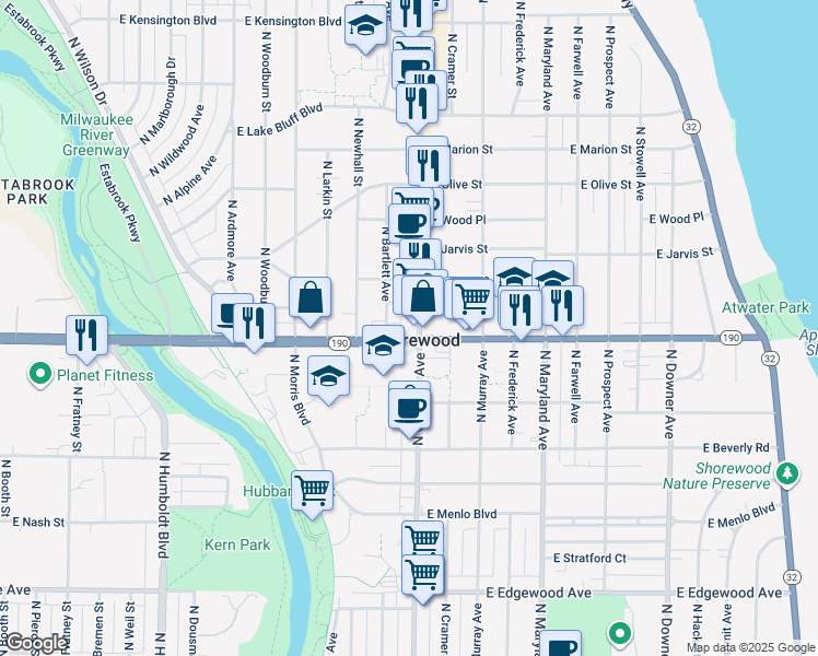 map of restaurants, bars, coffee shops, grocery stores, and more near in Shorewood