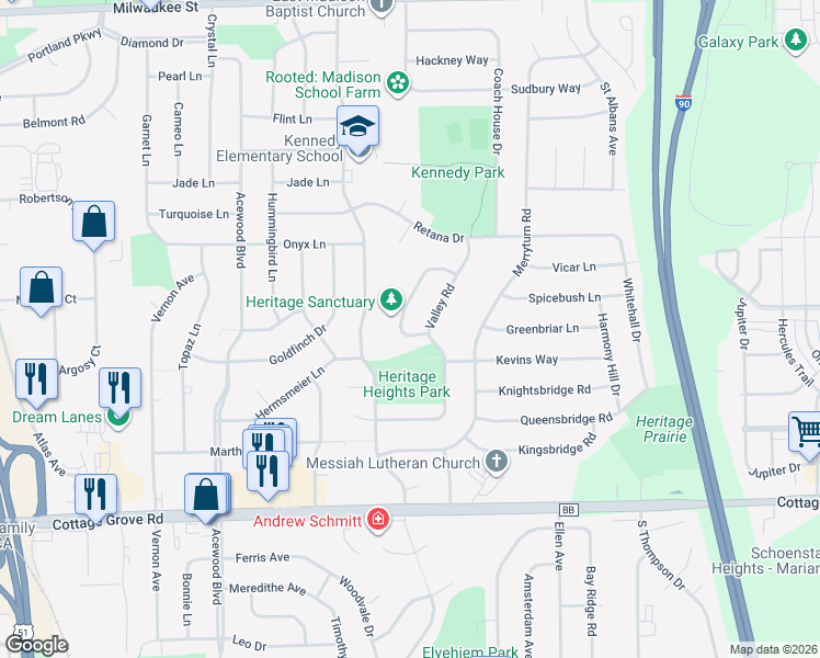 map of restaurants, bars, coffee shops, grocery stores, and more near 618 Valley Road in Madison