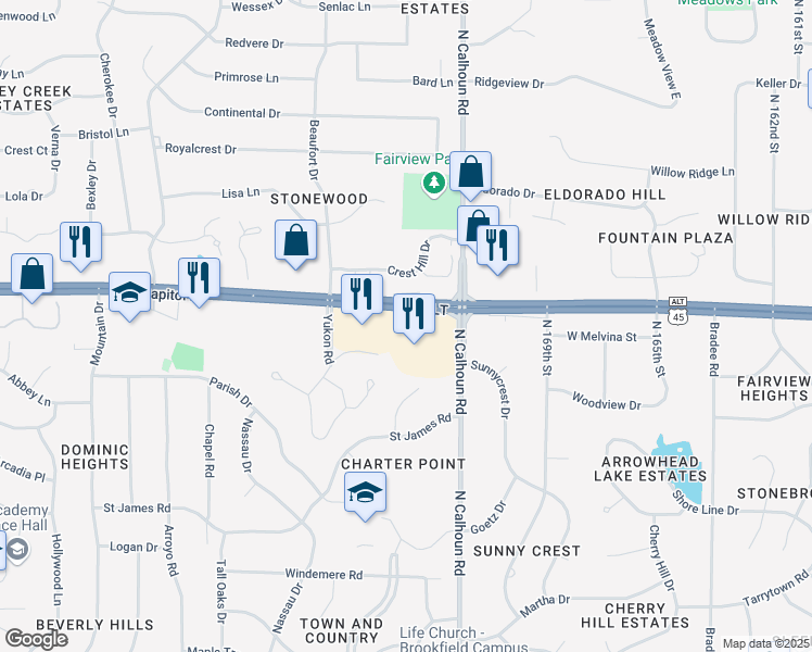 map of restaurants, bars, coffee shops, grocery stores, and more near 17375 West Capitol Drive in Brookfield