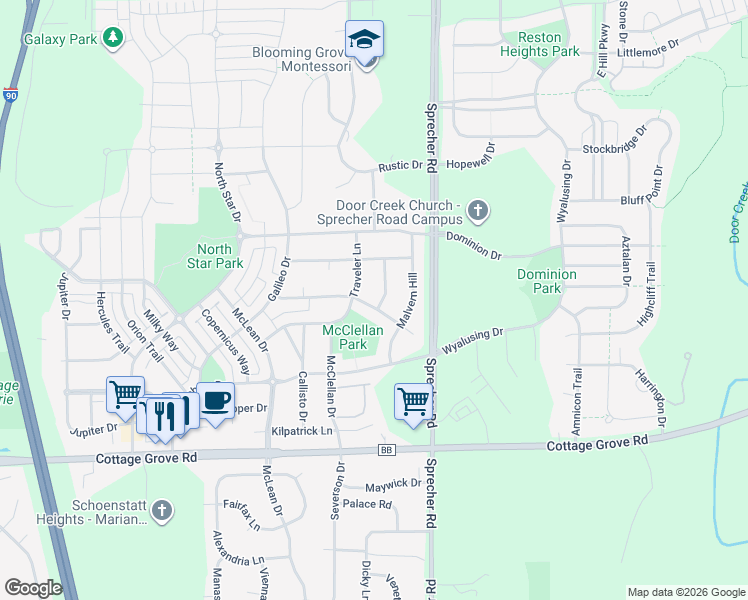 map of restaurants, bars, coffee shops, grocery stores, and more near 6311 Vicksburg Court in Madison