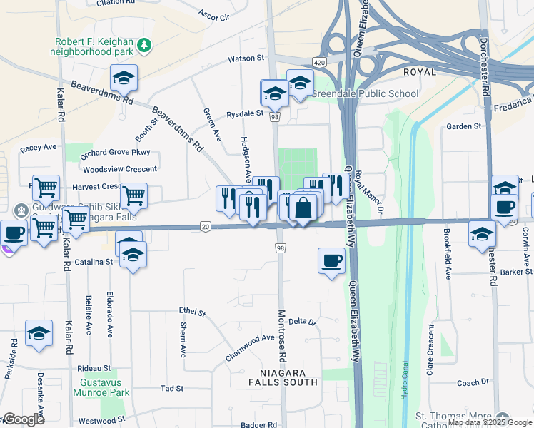 map of restaurants, bars, coffee shops, grocery stores, and more near in Niagara Falls