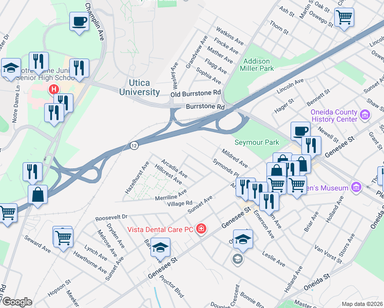 map of restaurants, bars, coffee shops, grocery stores, and more near 926 Arnold Avenue in Utica