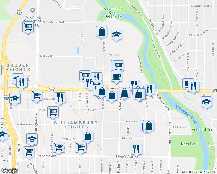 map of restaurants, bars, coffee shops, grocery stores, and more near 401 East Capitol Drive in Milwaukee
