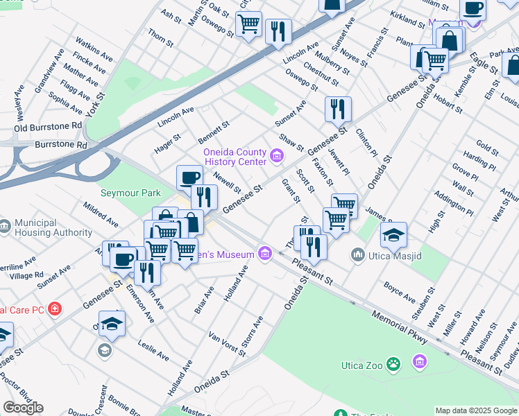 map of restaurants, bars, coffee shops, grocery stores, and more near 1629 Genesee Street in Utica