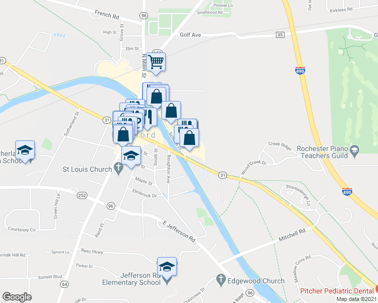map of restaurants, bars, coffee shops, grocery stores, and more near 50 State Street in Pittsford