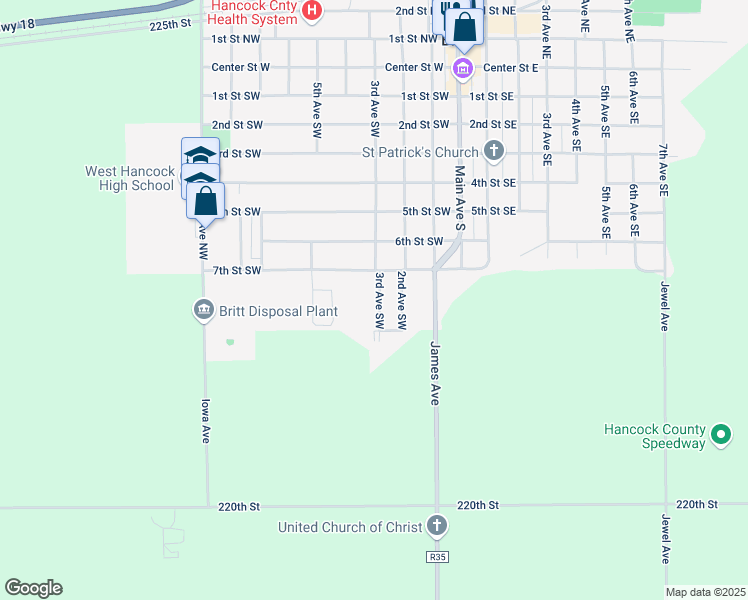 map of restaurants, bars, coffee shops, grocery stores, and more near 700-898 3rd Avenue Southwest in Britt
