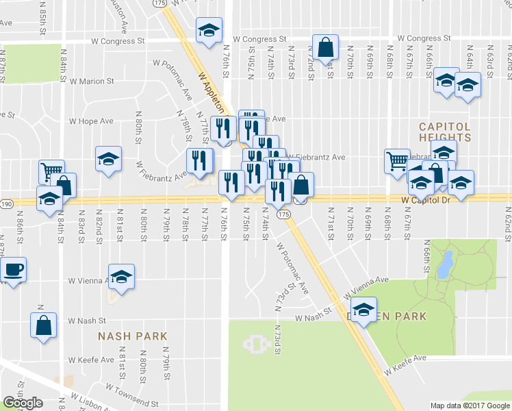 map of restaurants, bars, coffee shops, grocery stores, and more near 7413 West Capitol Drive in Milwaukee