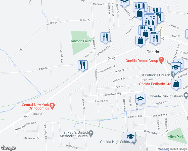 map of restaurants, bars, coffee shops, grocery stores, and more near 224 South Willow Street in Oneida