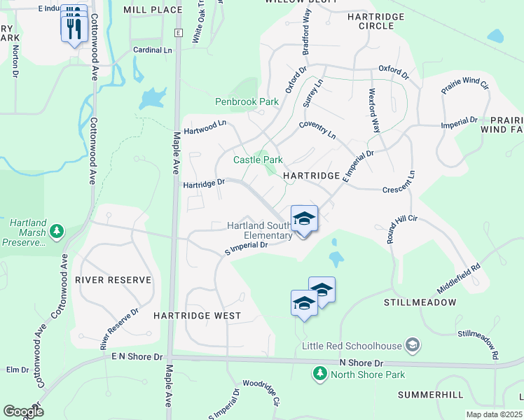 map of restaurants, bars, coffee shops, grocery stores, and more near 601 Hartridge Drive in Hartland
