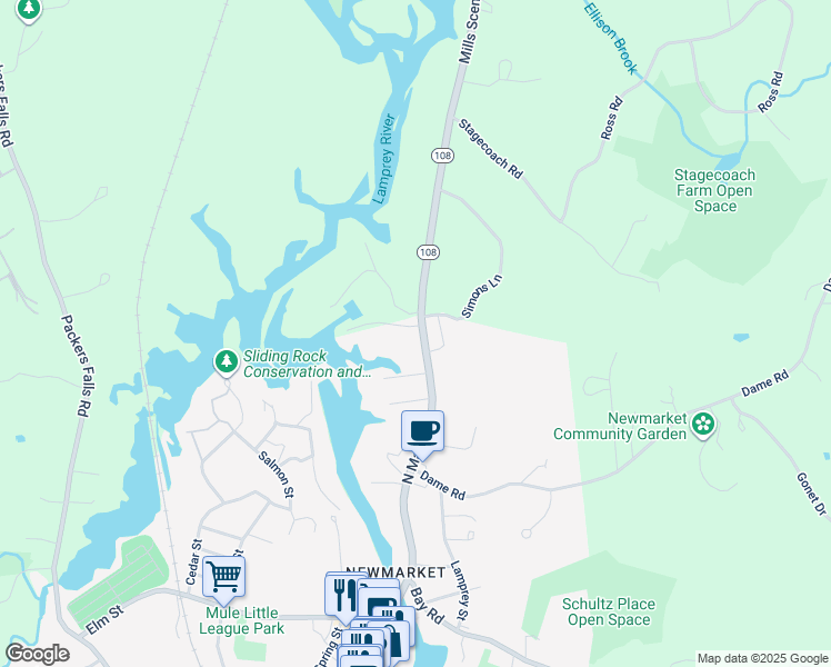 map of restaurants, bars, coffee shops, grocery stores, and more near 4 North Main Street in Newmarket